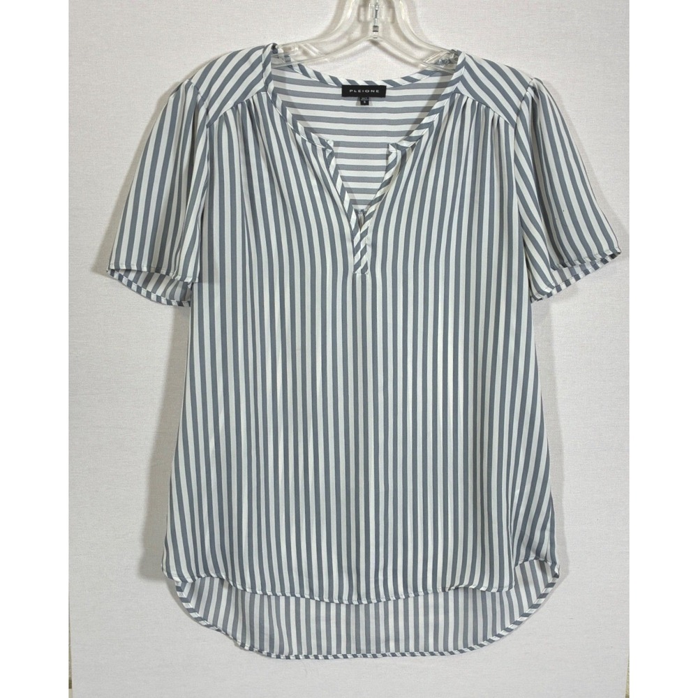 Pleione Womens Grey White Striped Split Neck High Low Blouse Small